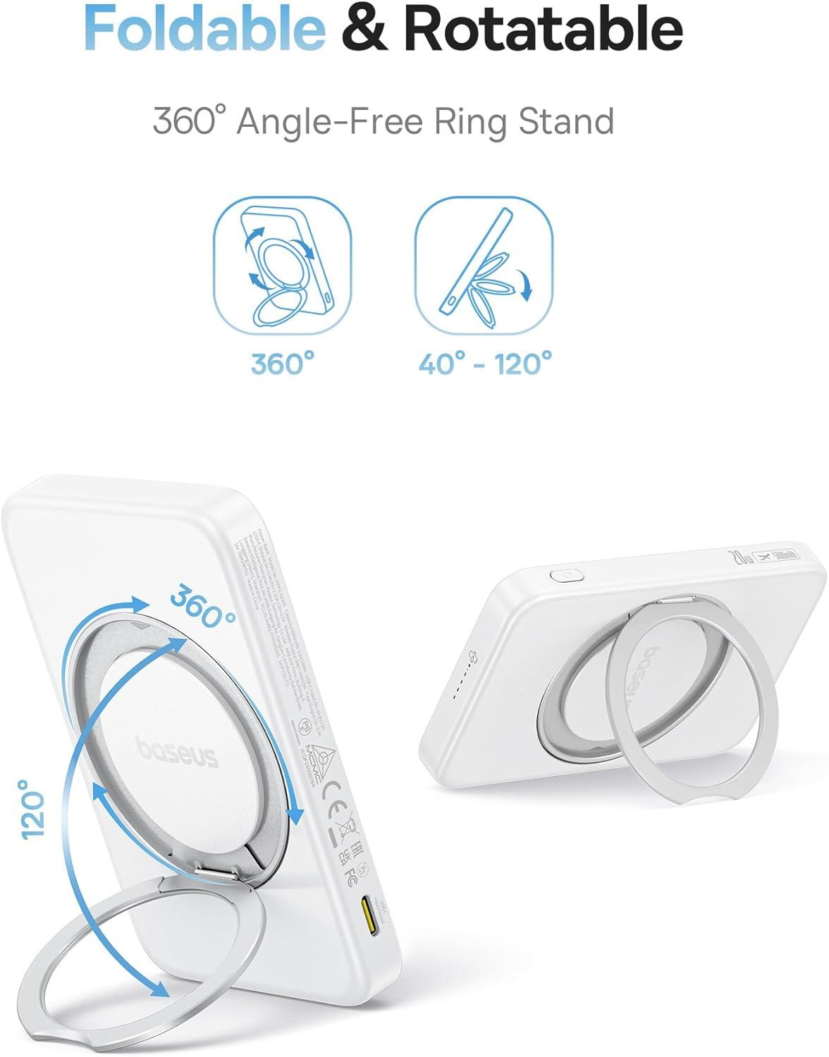 imageBaseus Qi2 MagSafe Power Bank UltraSlim PicoGo 15W UltraFast Wireless Portable Charger with 360 Rotatable Ring Stand 5000mAh Magnetic Battery Pack for iPhone 1615141312 Series WhiteWhite