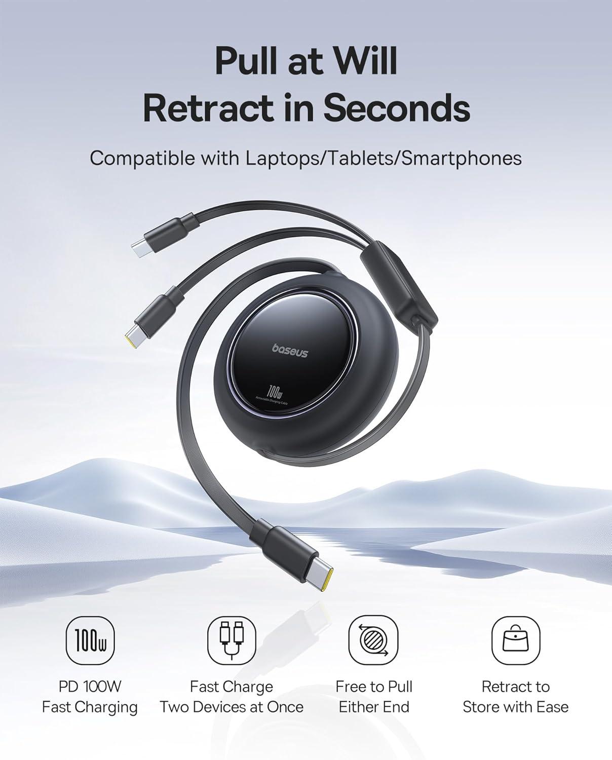 imageBaseus Retractable USB C Cable 100W 2 in 1 USBC to USBC Multi Fast Charging Cable 5 Length Presets 4ft 5A Type C Charger Cord for iPhone 17 ProPlusMax Galaxy S24S23 iPad Pro Tablet4ft