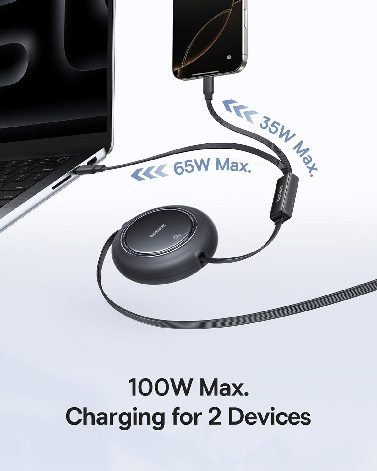 imageBaseus Retractable USB C Cable 100W 2 in 1 USBC to USBC Multi Fast Charging Cable 5 Length Presets 4ft 5A Type C Charger Cord for iPhone 17 ProPlusMax Galaxy S24S23 iPad Pro Tablet4ft