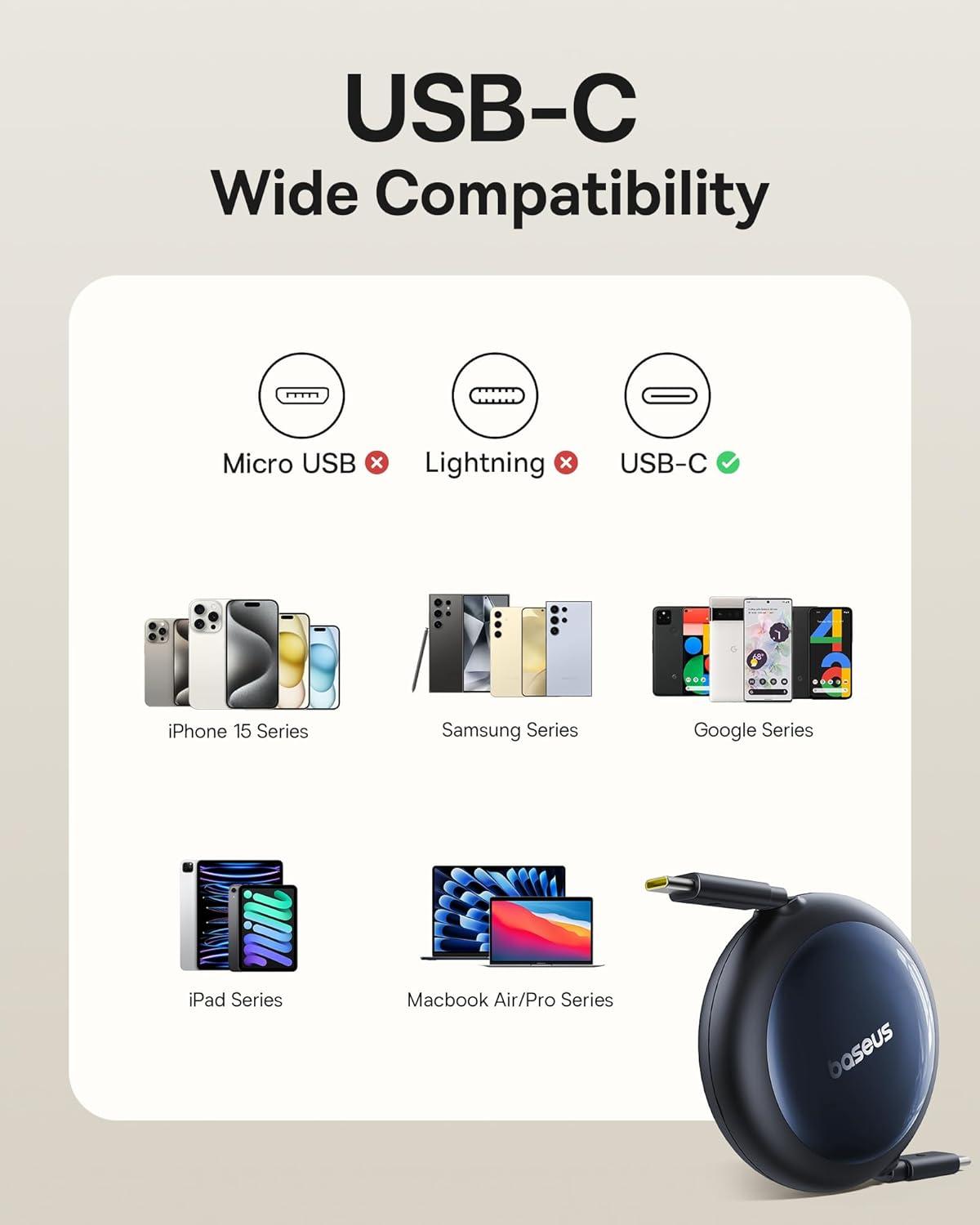 imageBaseus Retractable USB C Cable 100W 2 in 1 USBC to USBC Multi Fast Charging Cable 5 Length Presets 4ft 5A Type C Charger Cord for iPhone 17 ProPlusMax Galaxy S24S23 iPad Pro Tablet49ft