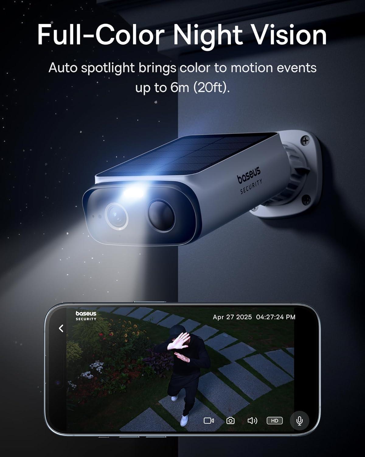 imageBaseus Solar Security Cameras Wireless Outdoor S1 Lite 2K QHD Solocam Continuous Power Color Night Vision AI Human Detection IP67 No Monthly Fee Local Storage Works with Alexa ampamp Google Home2K Solocam