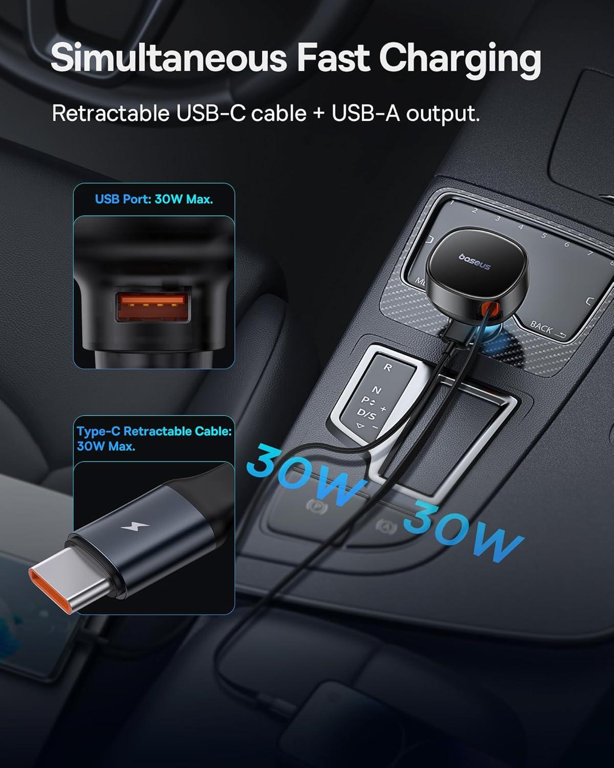 imageBaseus USB C Car Charger 60W Retractable Car Charger Dual Fast Charging Compatible with iPhone 15141312 Pro Max Plus Samsung Galaxy S23S22S21 Ultra Google Pixel and More