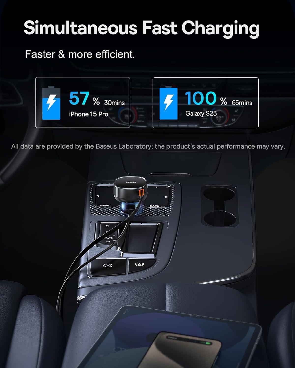 imageBaseus USB C Car Charger 60W Retractable Car Charger Dual Fast Charging Compatible with iPhone 15141312 Pro Max Plus Samsung Galaxy S23S22S21 Ultra Google Pixel and More