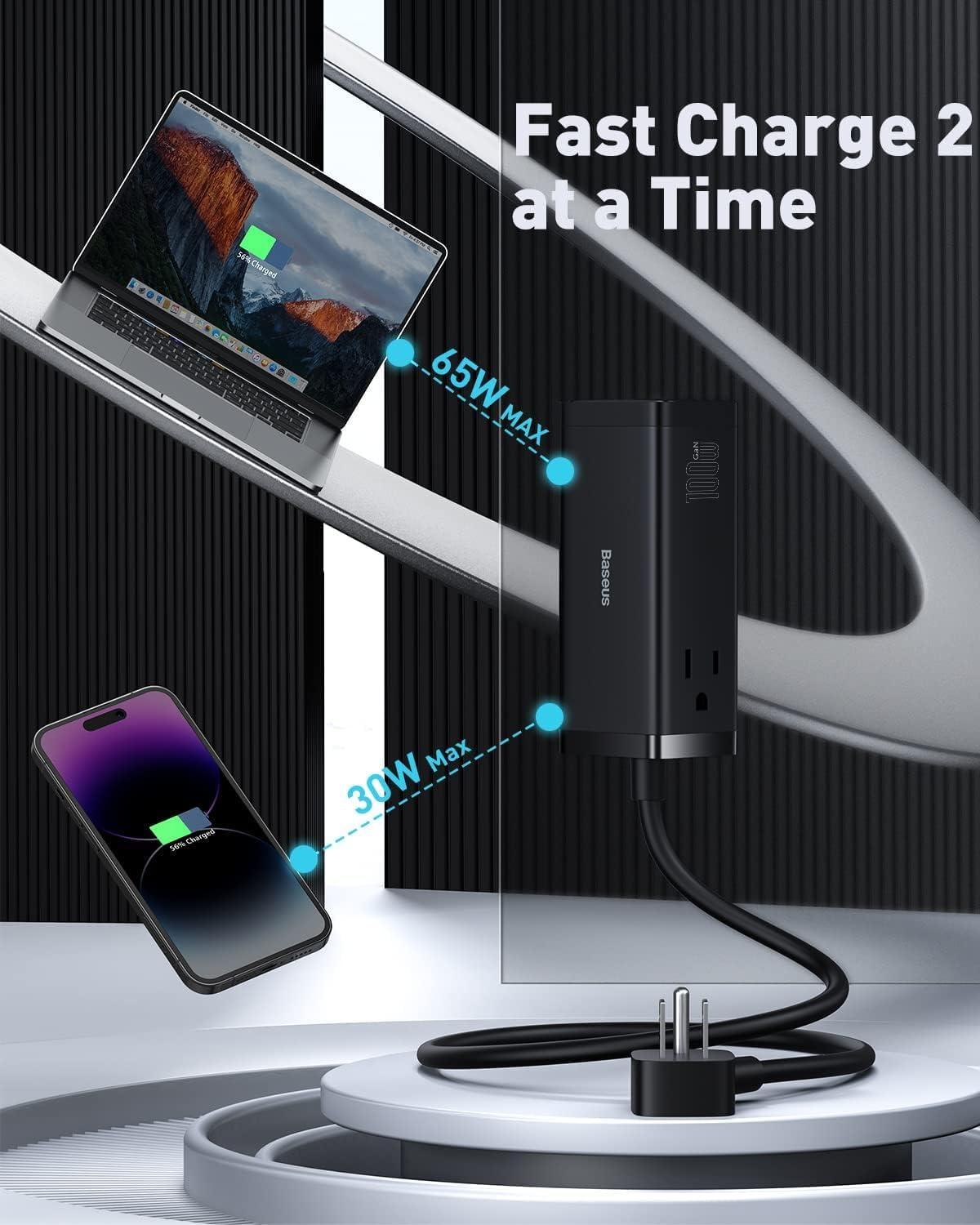 imageBaseus USB C Charger PowerCombo 65W  6 in 1 Travel Power Strip USB C Desk Charging Station with 2AC Outlets Fast Charging Extension Cord for Laptops iPhone Samsung iPad 100W Type C Cable Included100W