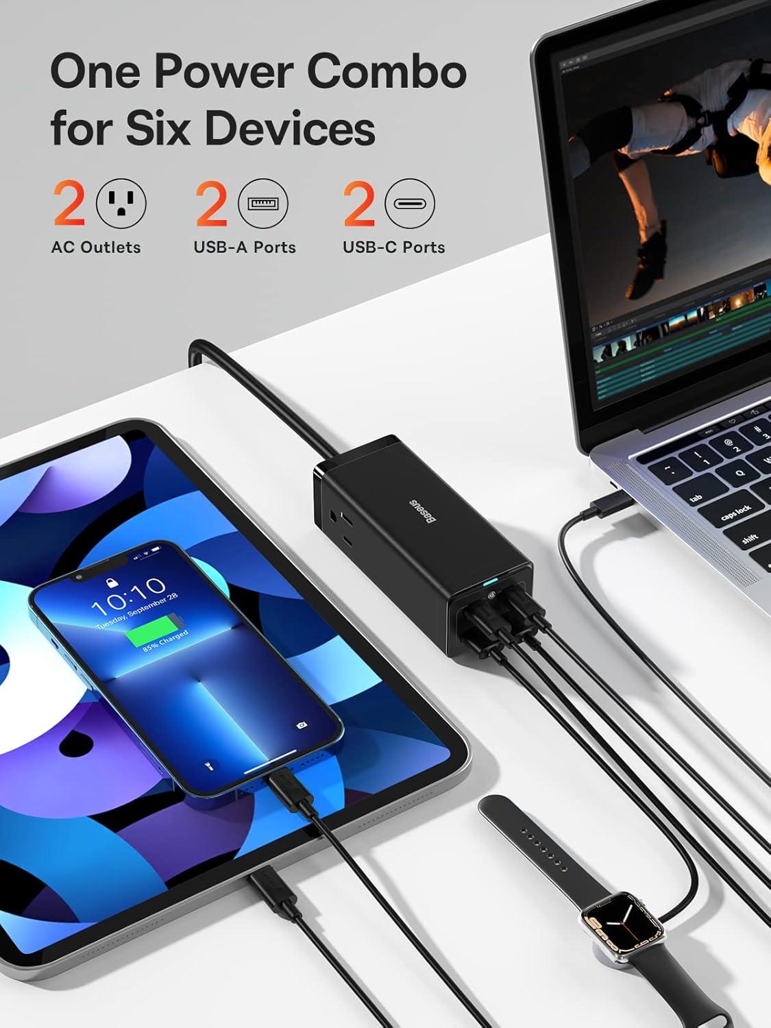 imageBaseus USB C Charger PowerCombo 65W  6 in 1 Travel Power Strip USB C Desk Charging Station with 2AC Outlets Fast Charging Extension Cord for Laptops iPhone Samsung iPad 100W Type C Cable Included65W