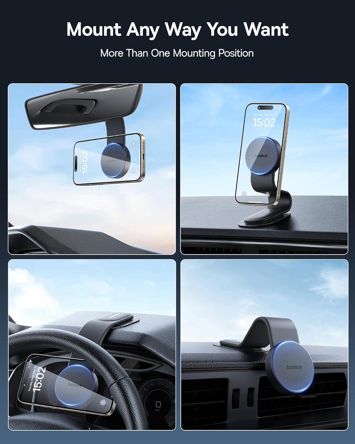 imageBaseus for Magsafe Car Mount 25N Magnetic Phone Holder for Car Cell Phone Car Mount Compatible with iPhone 17 to 13 Pro Plus Max Mini Bendable Memory Titanium Alloy for All DashboardRubricans