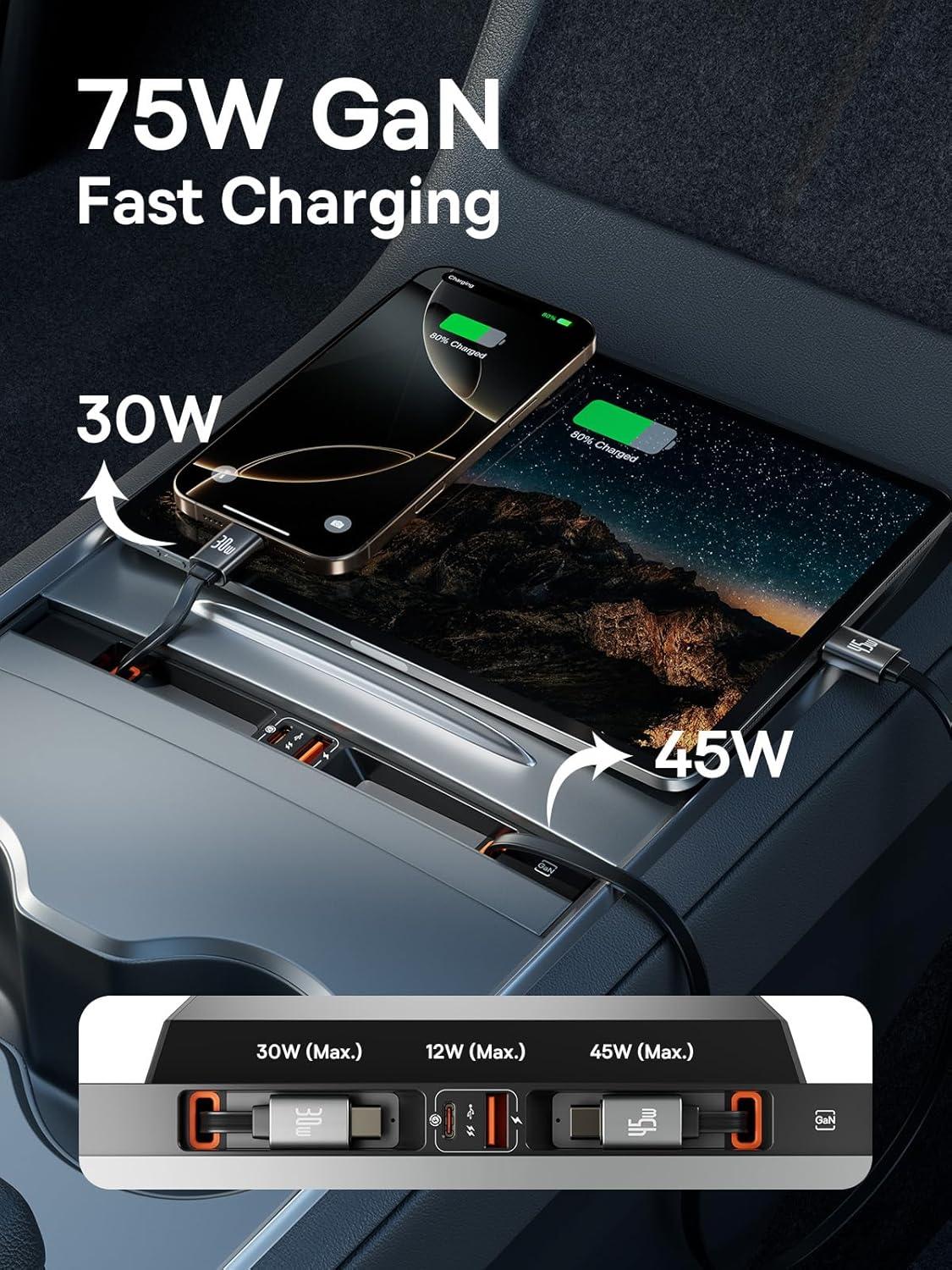 imageTesla USB Hub for 2021 2022 2023 Tesla Model Y Model 3 Baseus Hub Docking Station with Fast Charging Builtin Dual Retractable Cable Multi Port Tesla Accessories Hub of Center Console for Model Y3