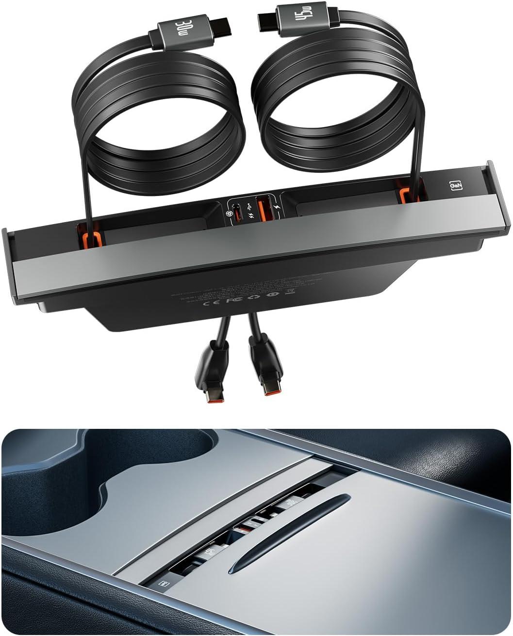 imageTesla USB Hub for 2021 2022 2023 Tesla Model Y Model 3 Baseus Hub Docking Station with Fast Charging Builtin Dual Retractable Cable Multi Port Tesla Accessories Hub of Center Console for Model Y3