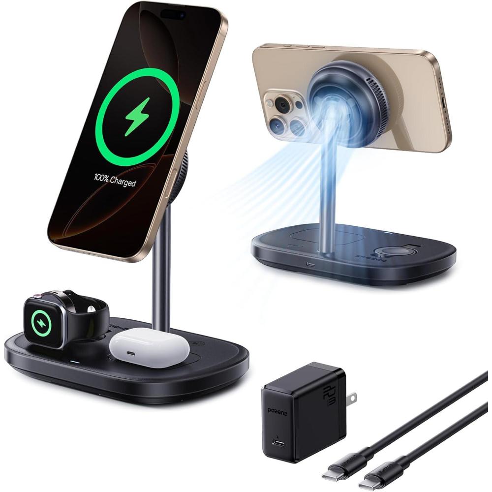 imageBaseus 3 in 1 Wireless Charger Stand Qi2 15W Magnetic Charging Station with TEC Cooling MagSafeCompatible iPhone Charger for iPhone1217 Series Apple Watch AirPods  45W Adapter IncludedQi2 15W