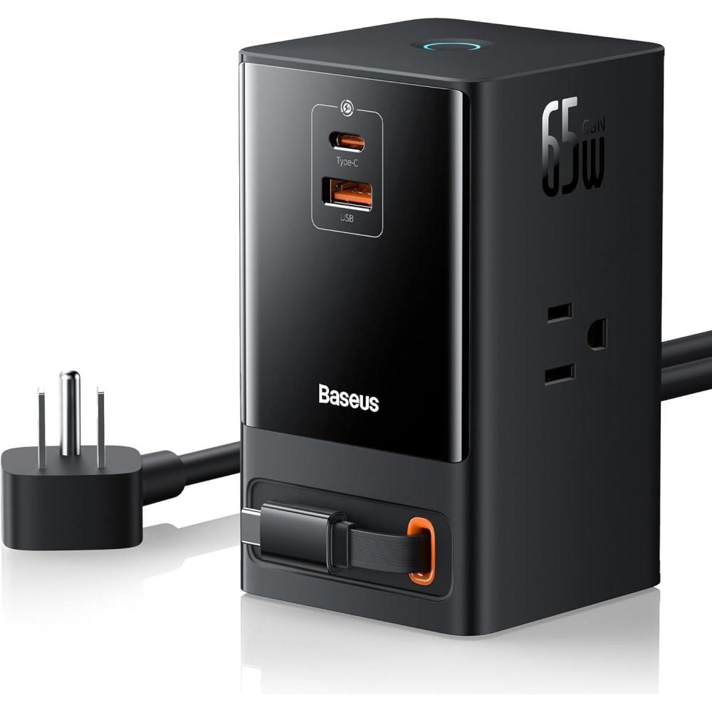 imageBaseus 6in1 65W Charging Station with Retractable USBC Cable Power Combo USB C Power Strip for Multiple Devices Fast Charger for iPhone MacBook Samsung PS5 for HomeOfficeDormTravel