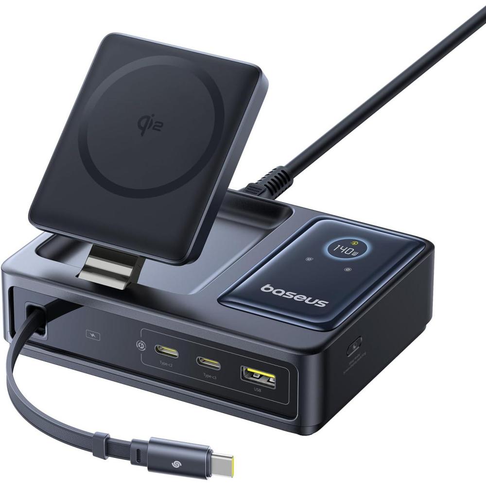 imageBaseus Nomos 5in1 Charging Station 140W Qi2 Certified 15W Magnetic Wireless Charger with 100W Retractable Cable GaN Fast USB C Desktop Charger for Magsafe iPhone 1615 Pro Max MacBook Pro