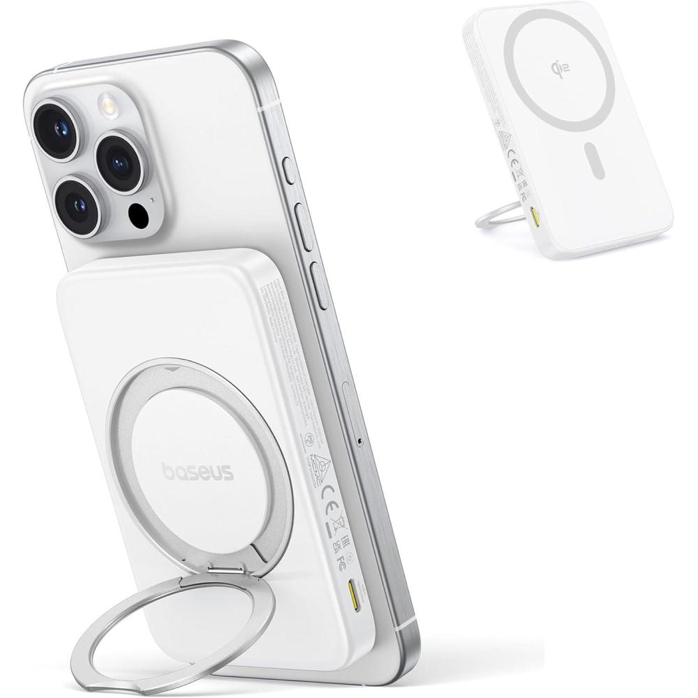 imageBaseus Qi2 MagSafe Power Bank UltraSlim PicoGo 15W UltraFast Wireless Portable Charger with 360 Rotatable Ring Stand 5000mAh Magnetic Battery Pack for iPhone 1615141312 Series WhiteWhite