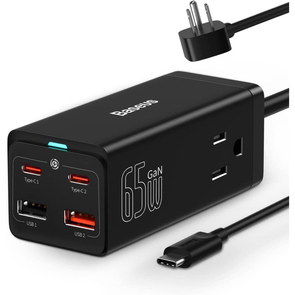 imageBaseus USB C Charger PowerCombo 65W  6 in 1 Travel Power Strip USB C Desk Charging Station with 2AC Outlets Fast Charging Extension Cord for Laptops iPhone Samsung iPad 100W Type C Cable Included65W