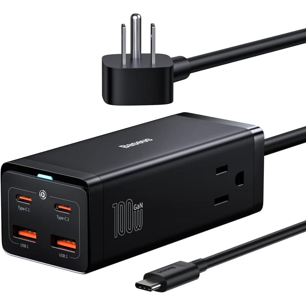 imageBaseus USB C Charger PowerCombo 65W  6 in 1 Travel Power Strip USB C Desk Charging Station with 2AC Outlets Fast Charging Extension Cord for Laptops iPhone Samsung iPad 100W Type C Cable Included100W