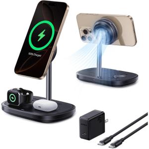 imageBaseus 3 in 1 Wireless Charger Stand Qi2 15W Magnetic Charging Station with TEC Cooling MagSafeCompatible iPhone Charger for iPhone1217 Series Apple Watch AirPods  45W Adapter IncludedQi2 15W