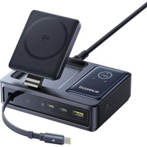 imageBaseus Nomos 5in1 Charging Station 140W Qi2 Certified 15W Magnetic Wireless Charger with 100W Retractable Cable GaN Fast USB C Desktop Charger for Magsafe iPhone 1615 Pro Max MacBook Pro