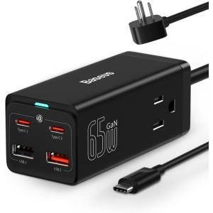 imageBaseus USB C Charger PowerCombo 65W  6 in 1 Travel Power Strip USB C Desk Charging Station with 2AC Outlets Fast Charging Extension Cord for Laptops iPhone Samsung iPad 100W Type C Cable Included65W