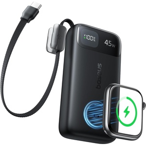 image:imageBaseus 10000mAh 45W Portable Charger Builtin Cable amp5W Apple Watch Charger  Travel Compact Power Bank Compatible with iPhone 171615141312 Apple Watch iPad amp MacBook for Daily TripBlack